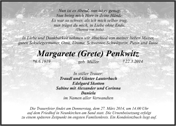 Traueranzeige von Margarete Penkwitz von Pegnitz-Zeitung